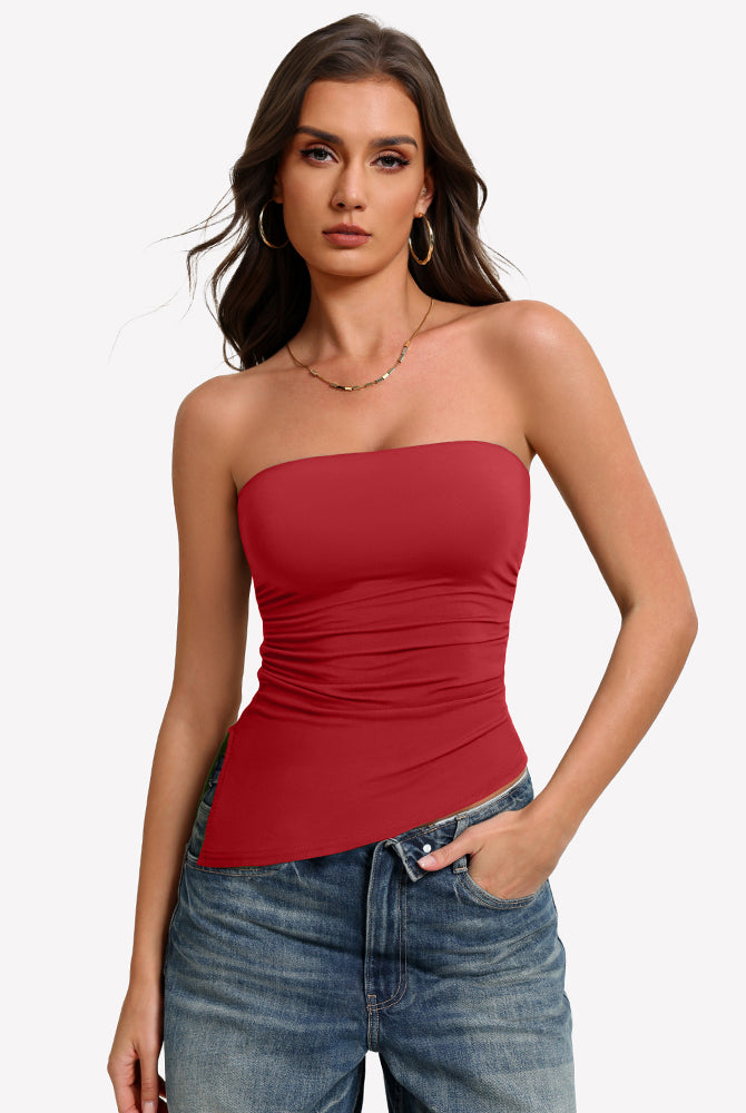 Dark red strapless tube top with ruched fabric and smooth fitted waist