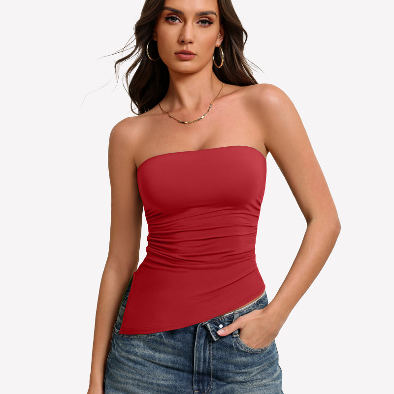 Dark red strapless tube top with ruched fabric and smooth fitted waist