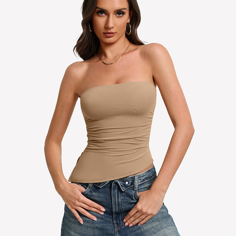 Nude strapless tube top with ruched fabric and smooth, fitted waist