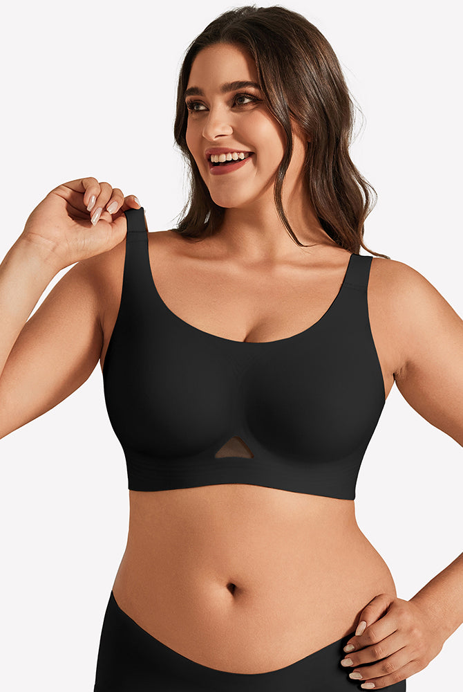 Black wireless padded bralette with U-neck and seamless wide underband