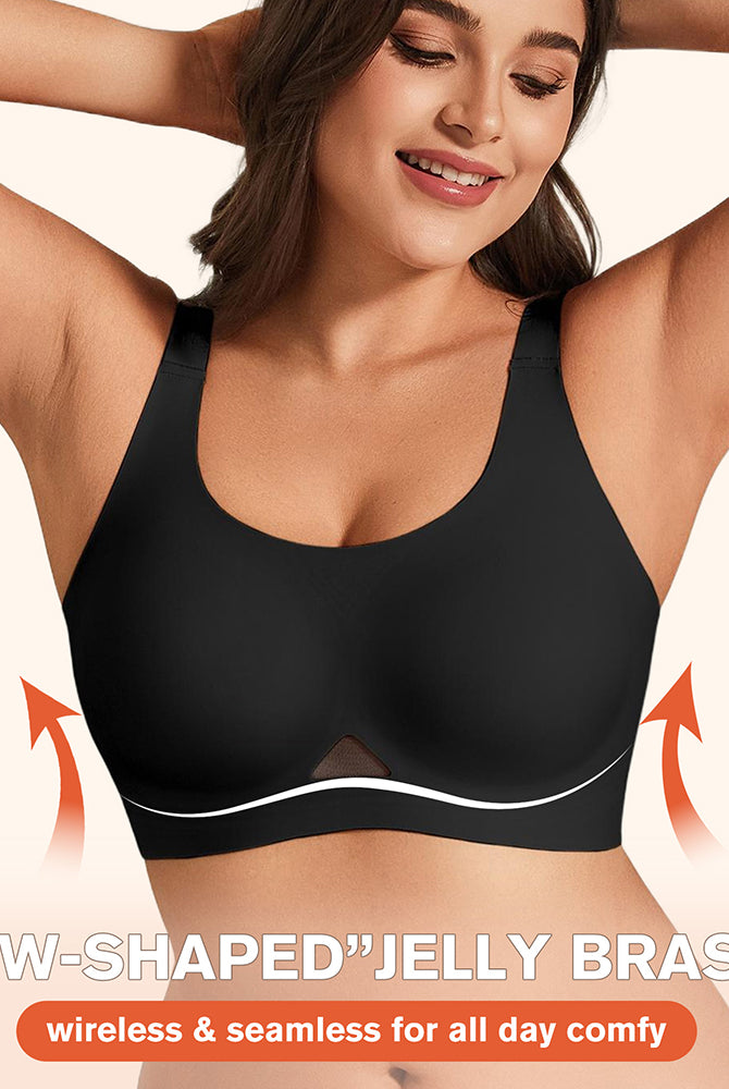 Black U-neck wireless jelly bra with smooth molded cups and wide band