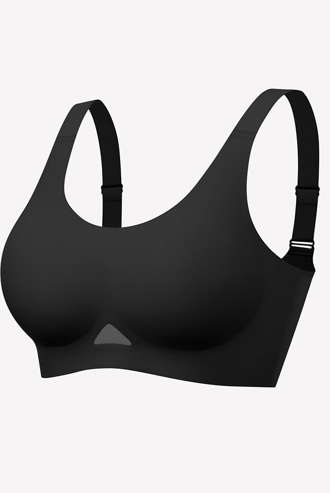 Black seamless padded bralette flat lay with U-neck and wide-set straps