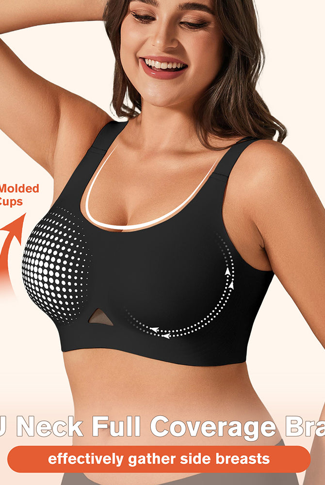 Black wireless jelly bra with U-neck, 3D molded cups, and wide underband