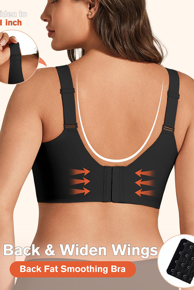 Black back-view bralette with adjustable wide wings and seamless molded cups