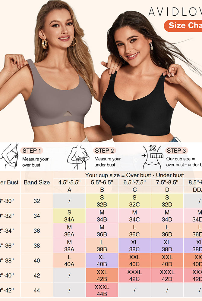 Wireless jelly bra size chart graphic with black and gray seamless bralette views