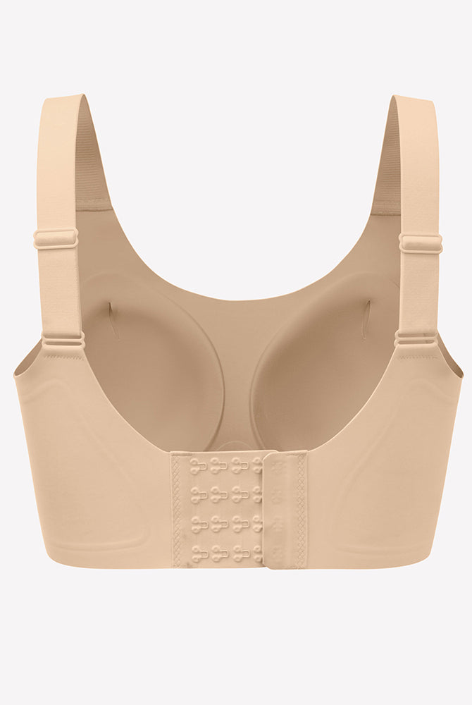 Nude padded wireless U-neck bralette with front hook-and-eye closure, seamless