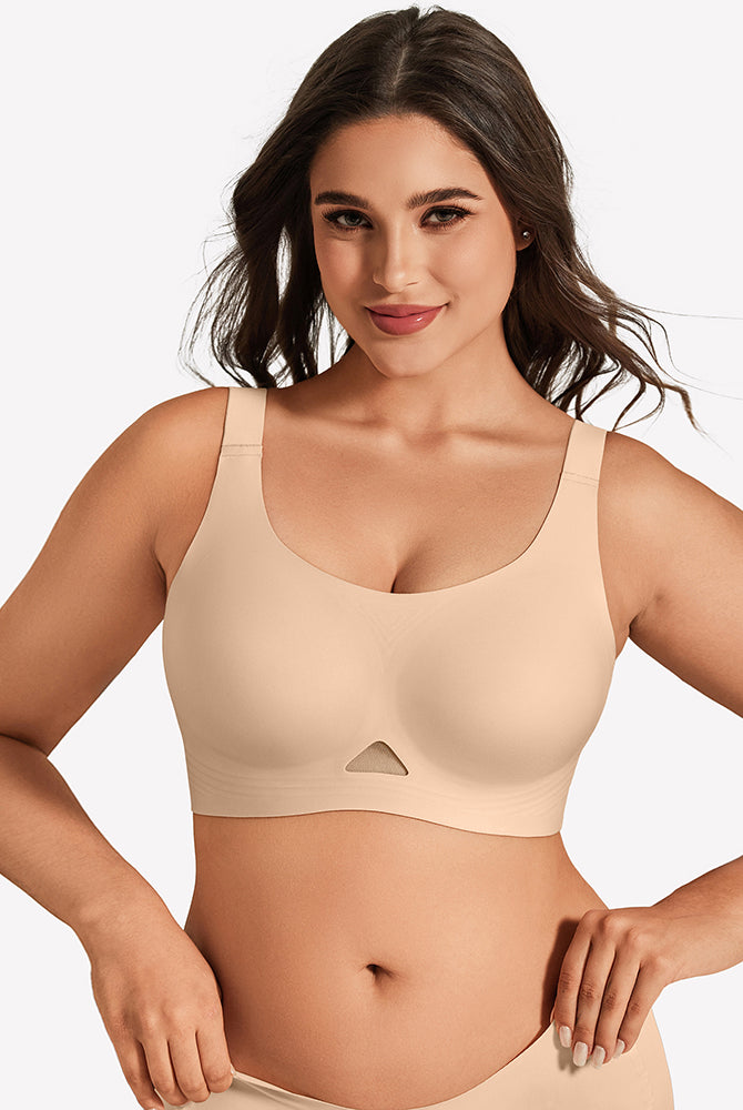 Nude seamless padded bralette with U-neck, wireless support and wide straps