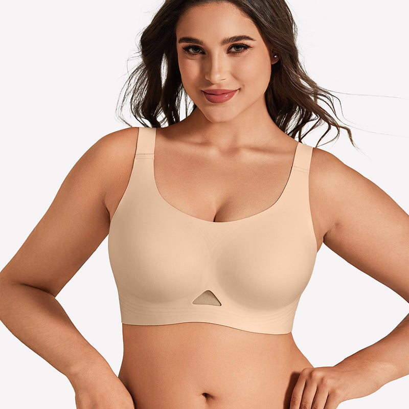 Nude seamless padded bralette with U-neck, wireless support and wide straps