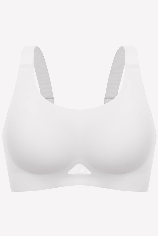 White seamless padded wireless U-neck bralette with adjustable straps