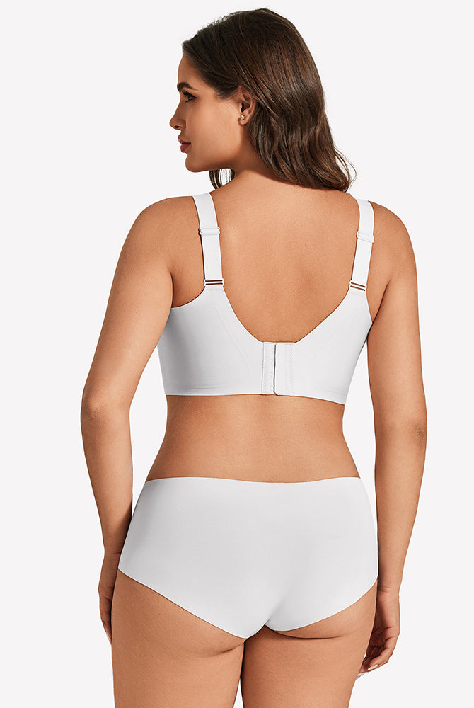 Back view of white wireless U-neck padded bralette with adjustable straps