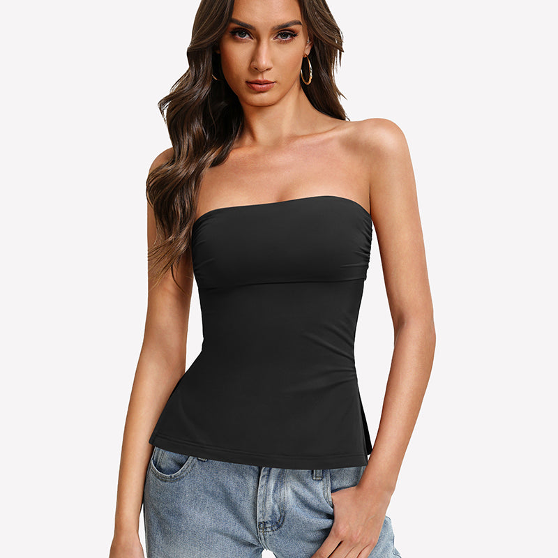 Black bandeau tube top with double lining and side split hem
