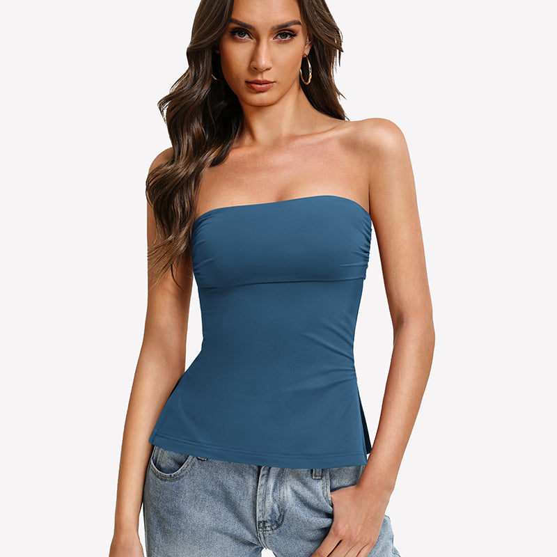 Blue bandeau tube top with double lining and side split hem