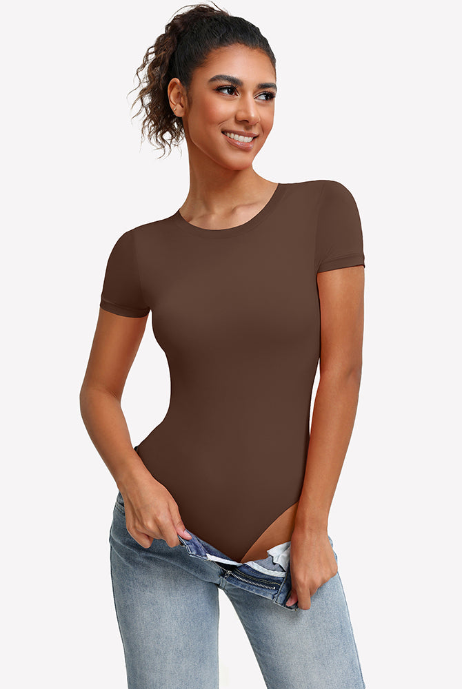 Brown short sleeve snap bodysuit one-piece leotard with round crew neck