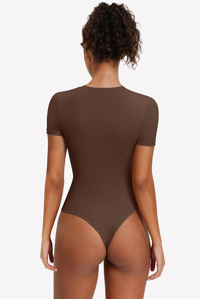 Brown short sleeve snap bodysuit one-piece leotard, back view
