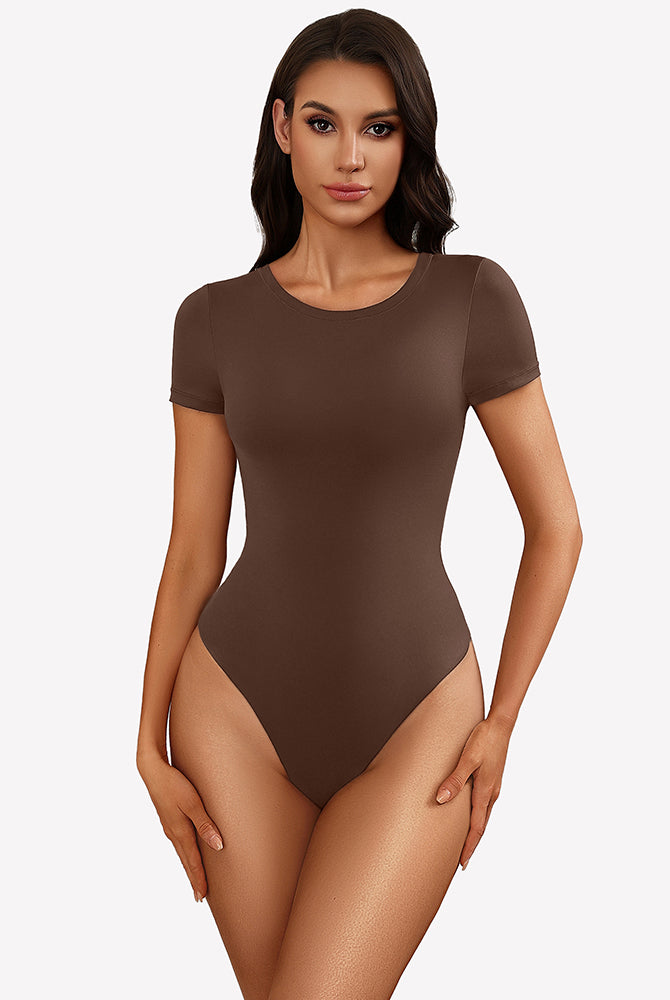 Brown short-sleeve snap bodysuit, fitted one-piece leotard top.