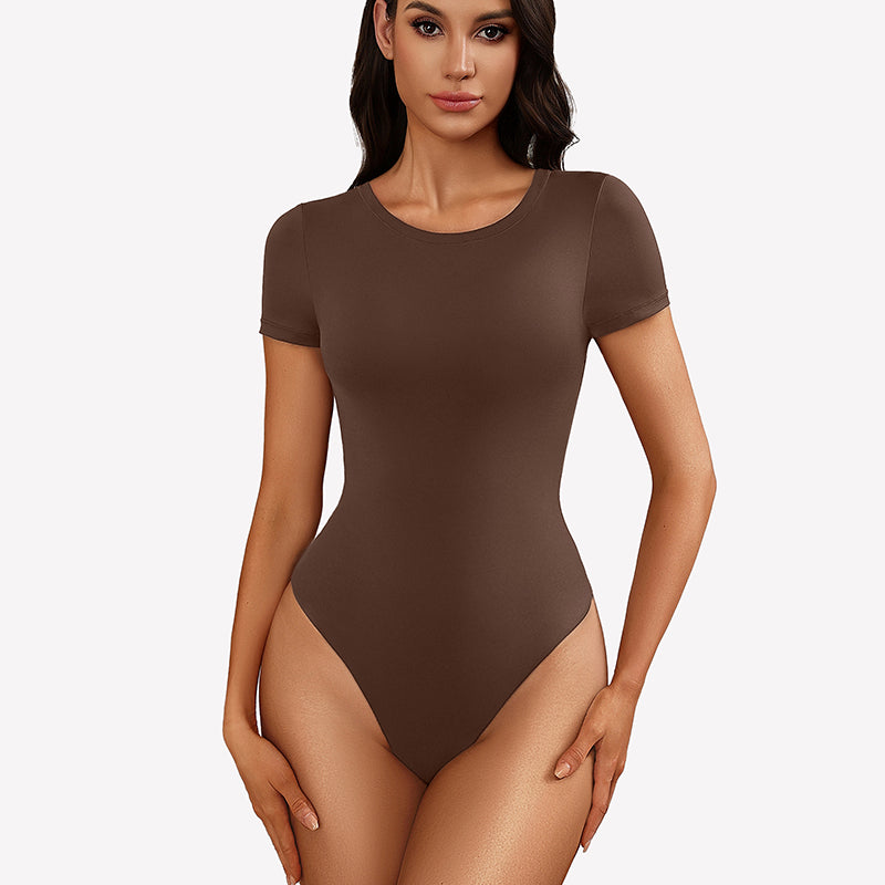 Brown short-sleeve snap bodysuit, fitted one-piece leotard top.