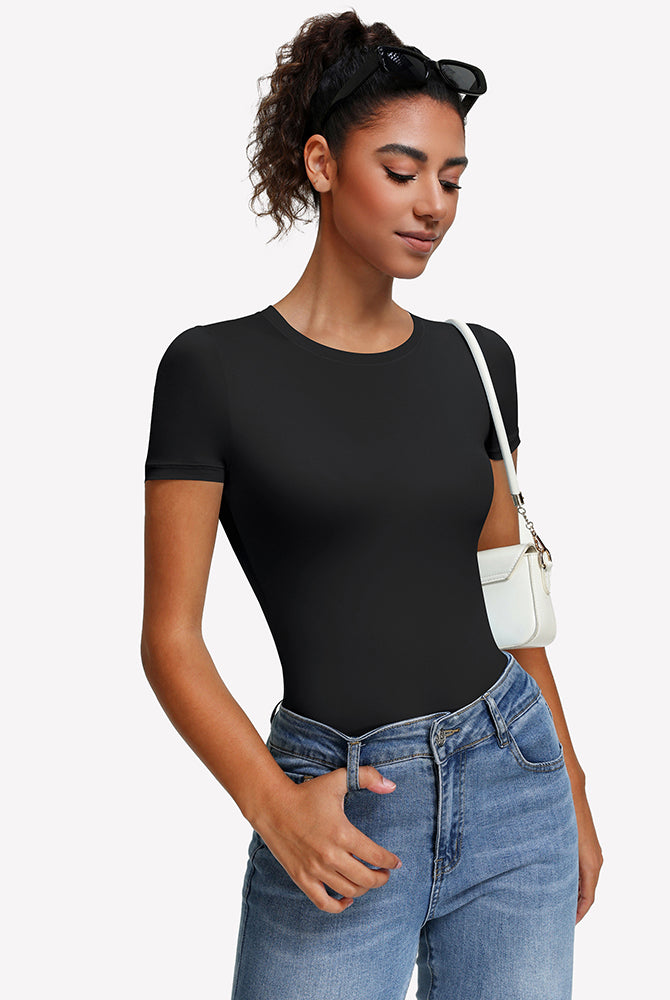 Black short-sleeve snap bodysuit, crew neck, fitted one-piece leotard top.