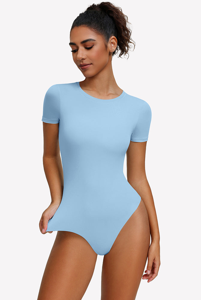 Light blue short sleeve snap bodysuit one-piece leotard, side view