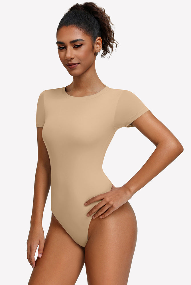 Khaki short-sleeve snap bodysuit, crew neck, fitted one-piece leotard top.