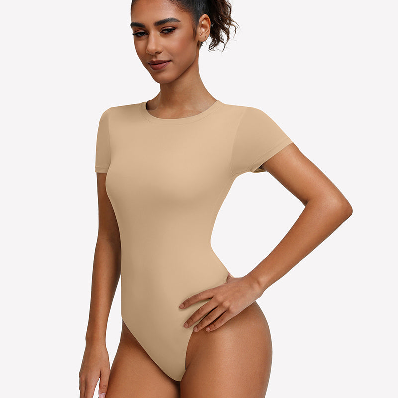 Khaki short-sleeve snap bodysuit, crew neck, fitted one-piece leotard top.