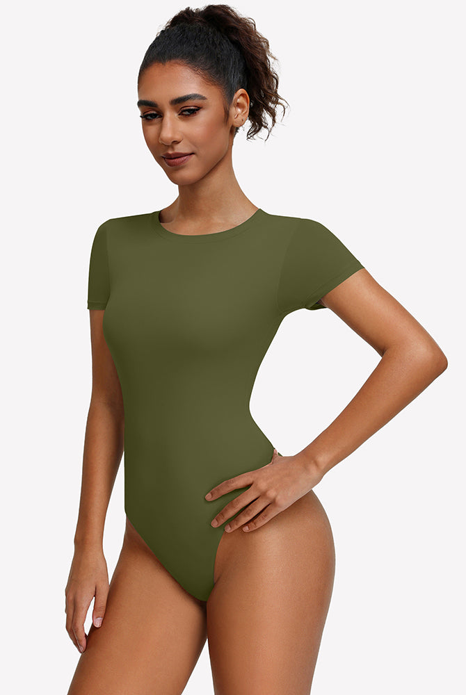 Olive green short-sleeve snap bodysuit, fitted one-piece leotard top.