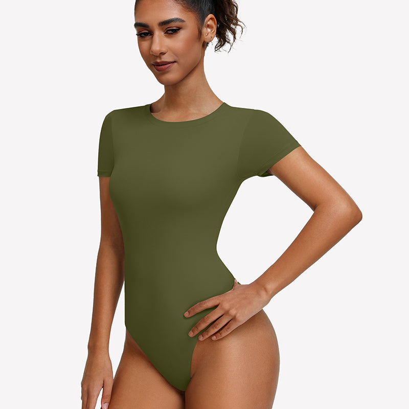 Olive green short-sleeve snap bodysuit, fitted one-piece leotard top.