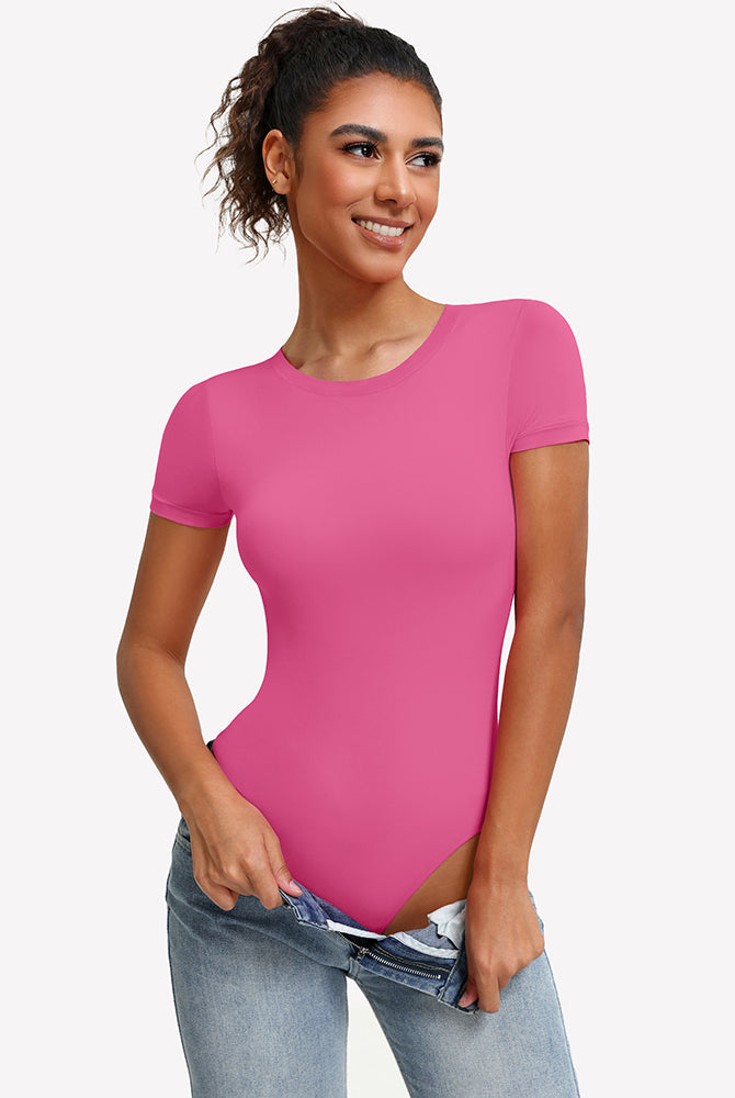 Pink short sleeve snap bodysuit one-piece leotard with round crew neck