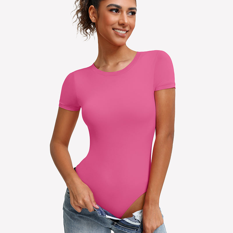 Pink short sleeve snap bodysuit one-piece leotard with round crew neck