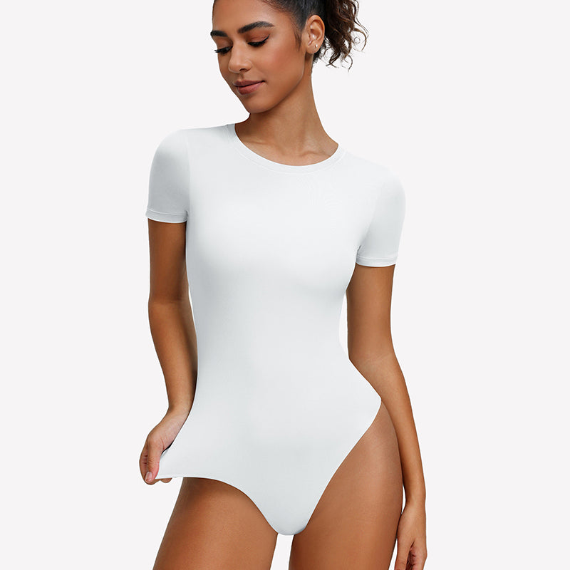 White short-sleeve snap bodysuit, fitted one-piece leotard top.