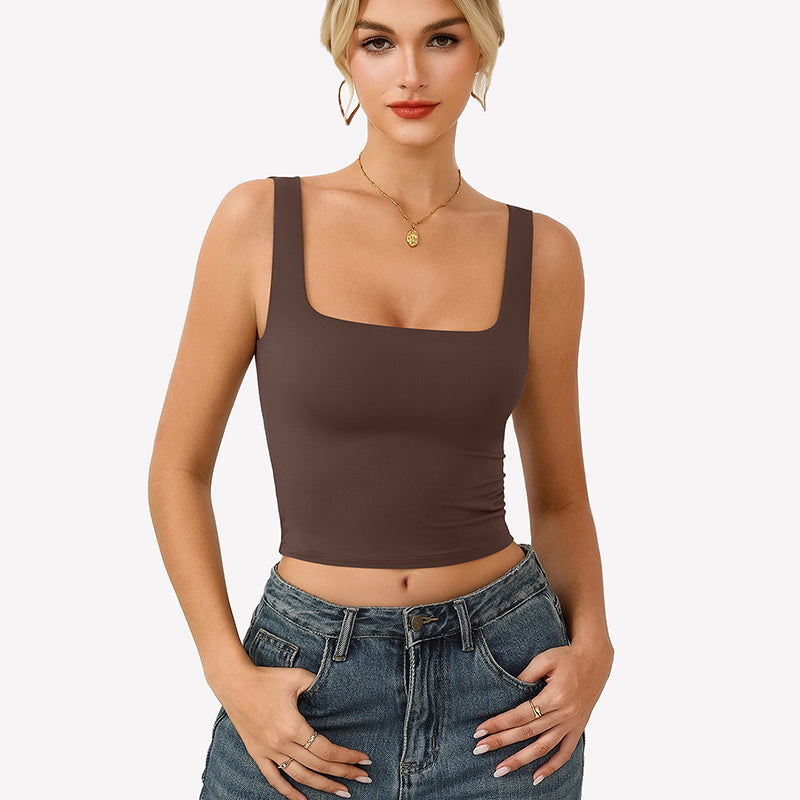 Square Neck Tank Top Double Lined Fitted Soft Crop Tops