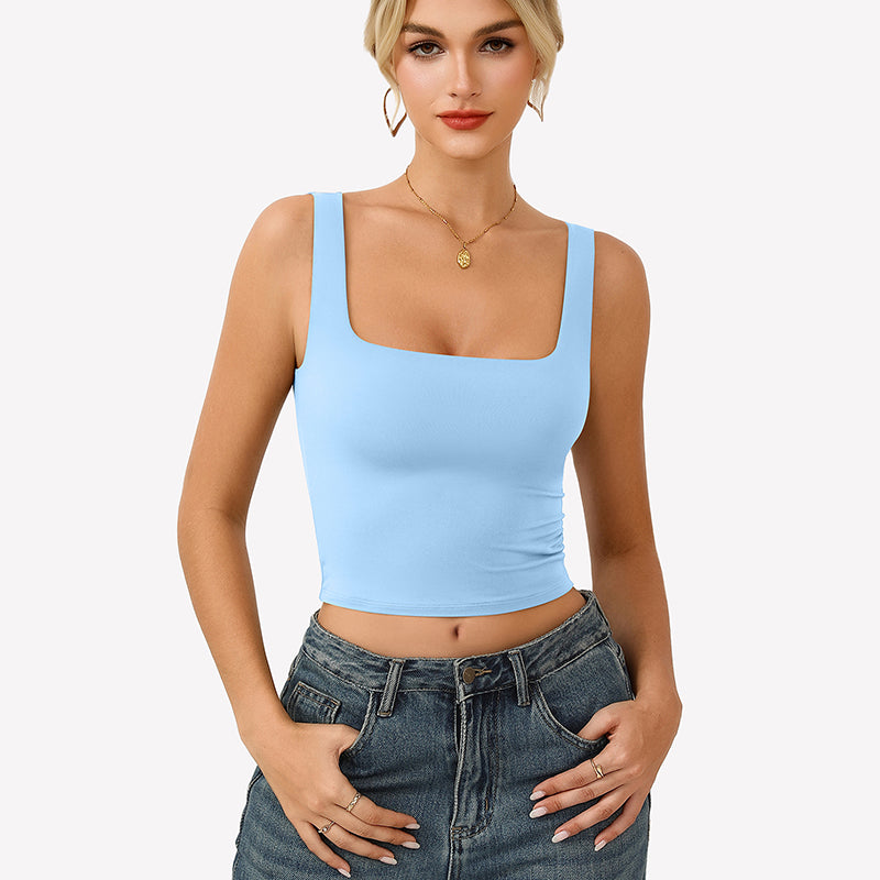 Square Neck Tank Top Double Lined Fitted Soft Crop Tops