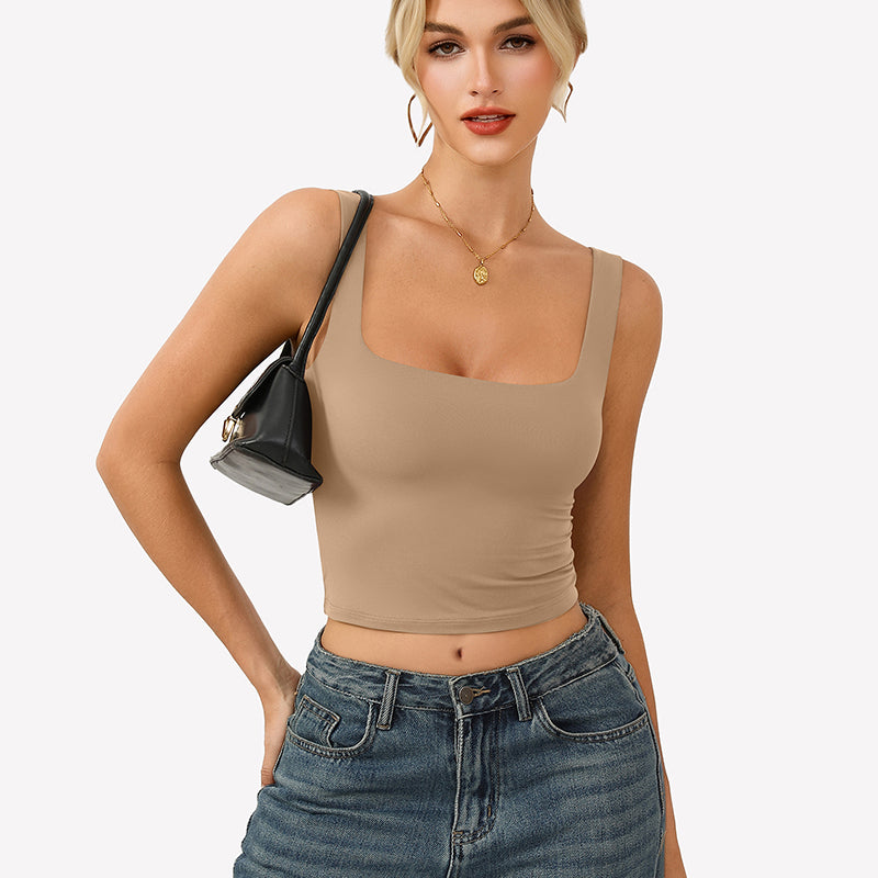 Square Neck Tank Top Double Lined Fitted Soft Crop Tops