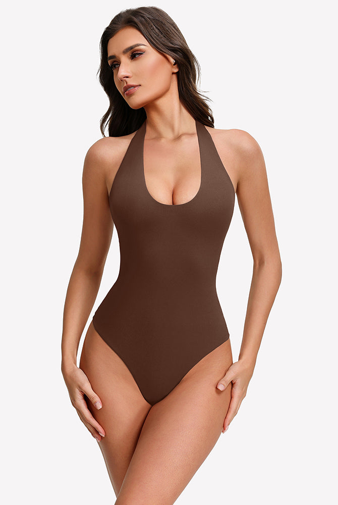 Brown halter bodysuit tank with deep scoop front and backless open back