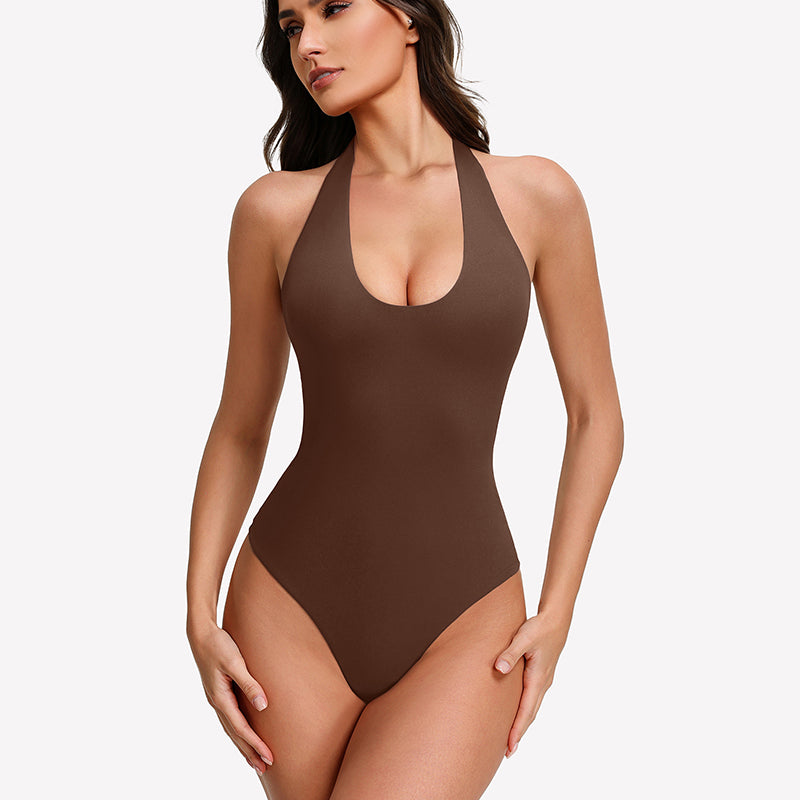 Brown halter bodysuit tank with deep scoop front and backless open back