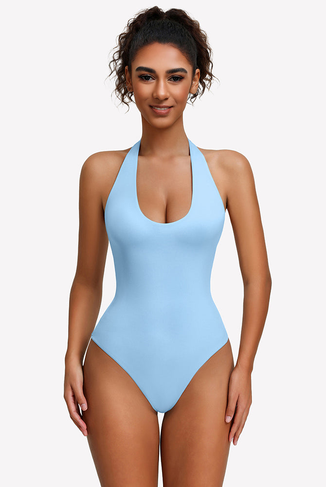 Light blue halter bodysuit with deep scoop neckline, seamless one-piece