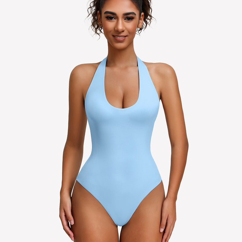 Light blue halter bodysuit with deep scoop neckline, seamless one-piece
