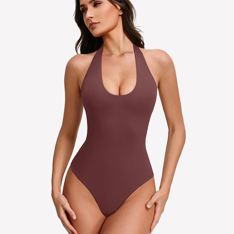 Brown halter bodysuit with deep scoop neckline, seamless tank style