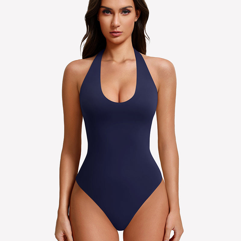 Navy blue halter bodysuit with deep scoop front and backless open back