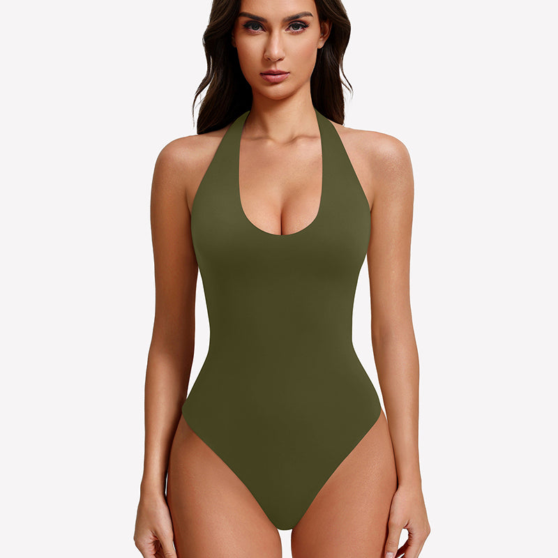 Green halter bodysuit with deep scoop front and backless open back