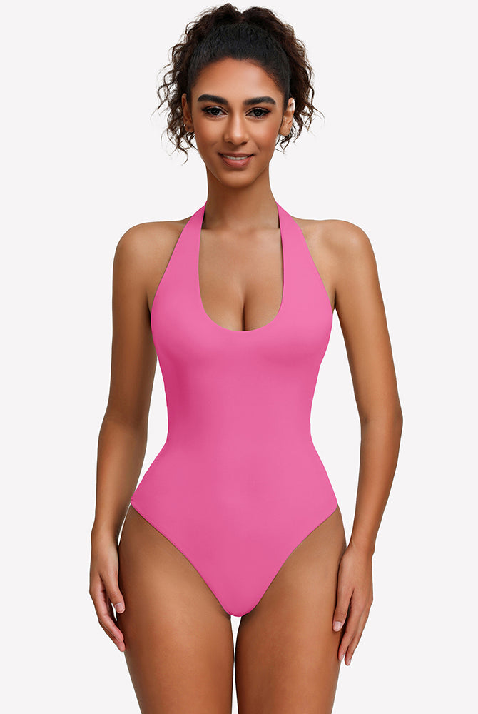 Pink halter bodysuit with deep scoop front and backless open back