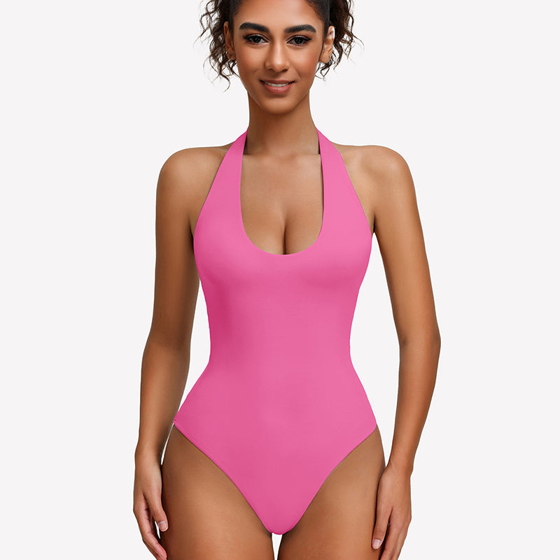Pink halter bodysuit with deep scoop front and backless open back