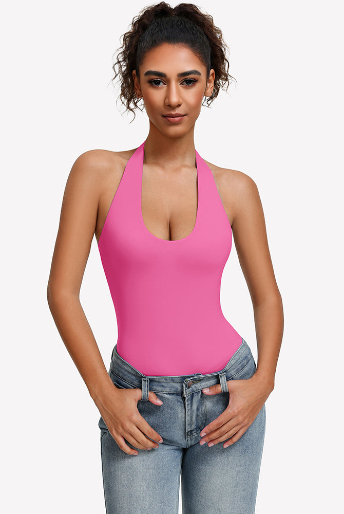 Bright pink halter bodysuit with deep scoop neckline and seamless tank fit