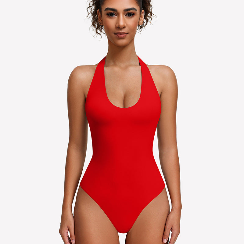Red halter bodysuit with deep scoop neckline, seamless one-piece