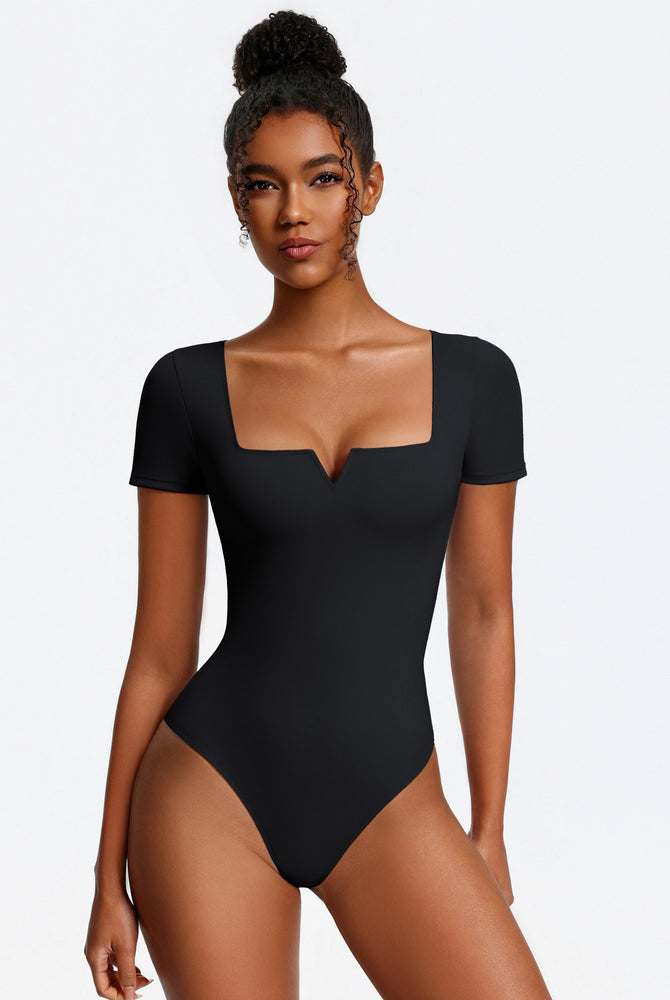 Short sleeve square-neck bodysuit, black, one-piece with thong-style bottom