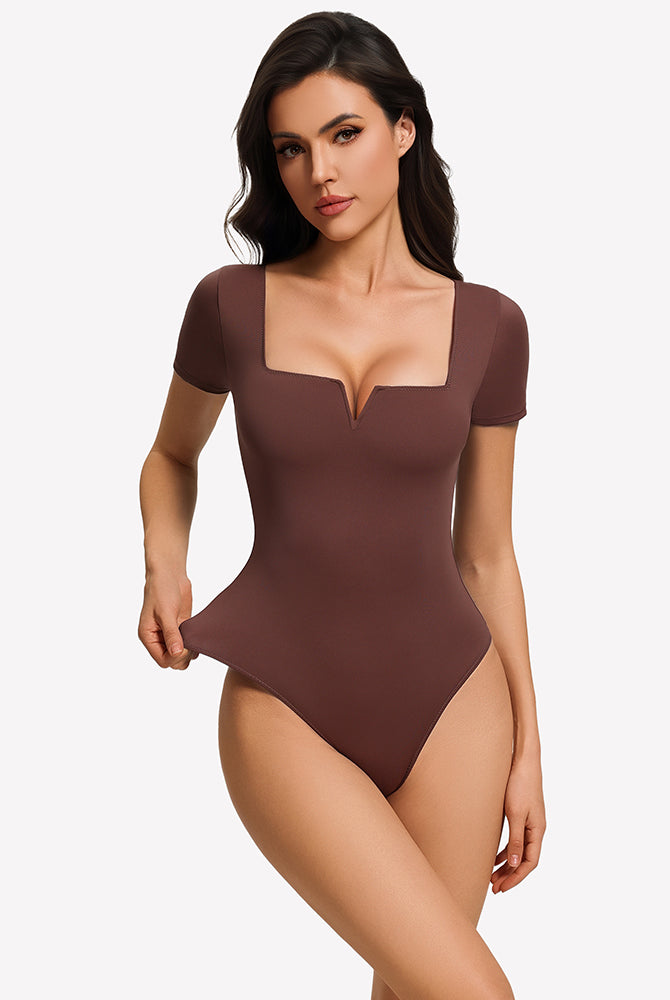 Short sleeve square-neck bodysuit, dark brown, one-piece with thong-style bottom