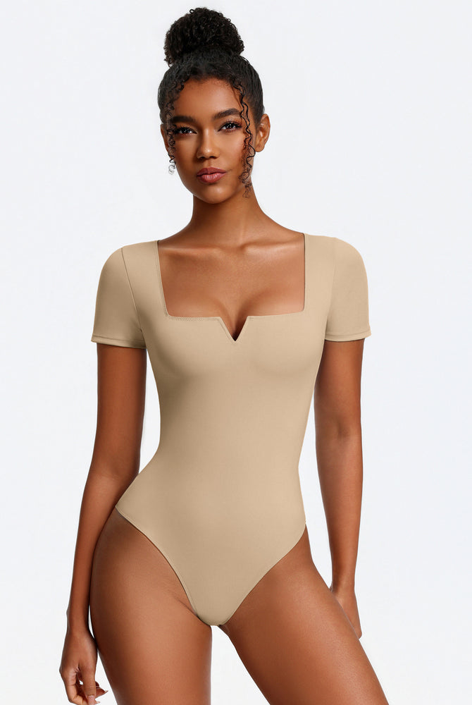 Short sleeve square-neck bodysuit, nude beige, one-piece with thong-style bottom