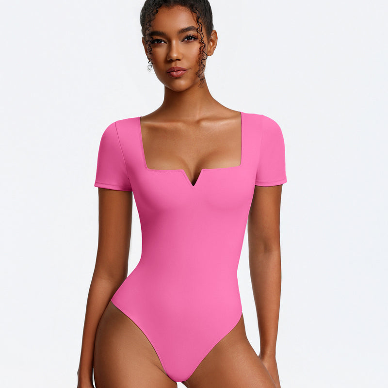 Short sleeve square-neck bodysuit, pink, one-piece with thong-style bottom