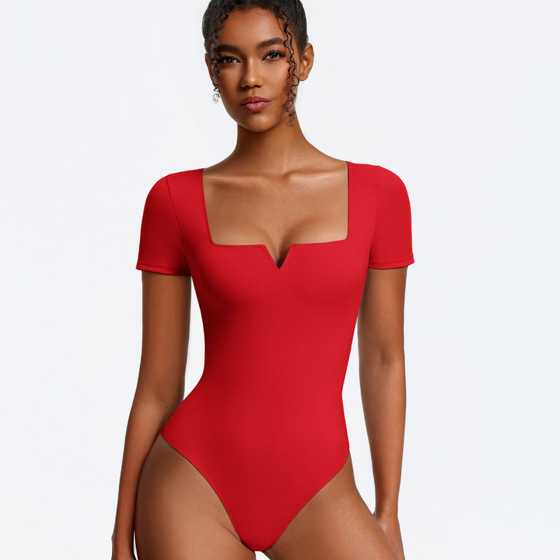 Short sleeve square-neck bodysuit, red, one-piece with thong-style bottom