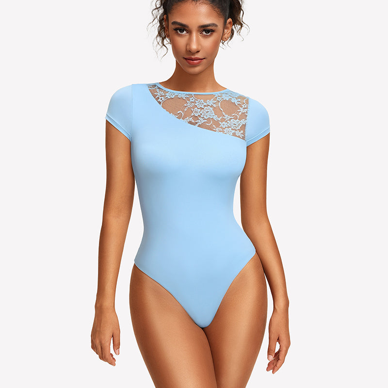 Light blue lace crew neck short-sleeve thong bodysuit with sheer lace yoke at neckline