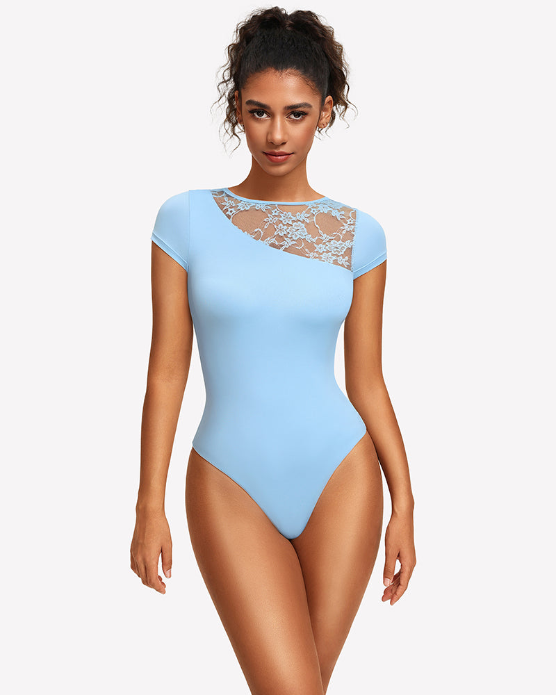 Light blue lace crew neck short-sleeve thong bodysuit with sheer lace yoke at neckline